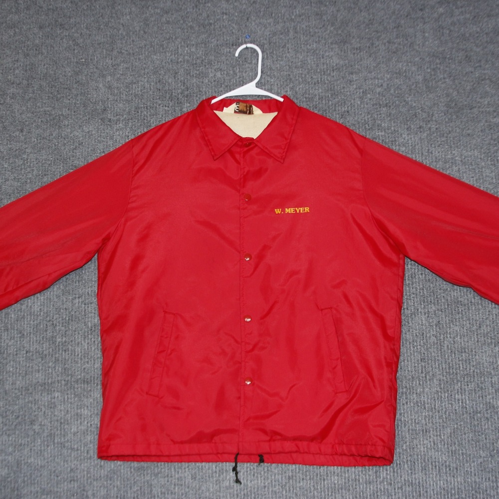 Vintage W Meyer Coach Jacket Mens L Red Fire Squad‎ Nylon Shell Cotton Lined